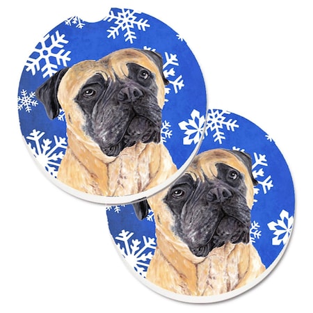 Carolines Treasures Mastiff Winter Snowflakes Holiday Set of 2 Cup Holder Car Coaster SC9385CARC